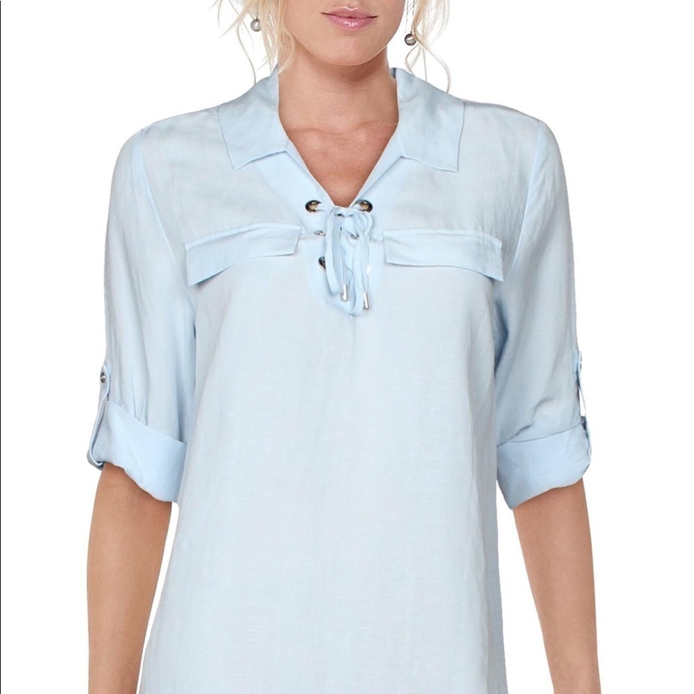 NWT Calvin Klein Long Sleeve Peach Blouse with Faux Pockets and Tie Front Size S